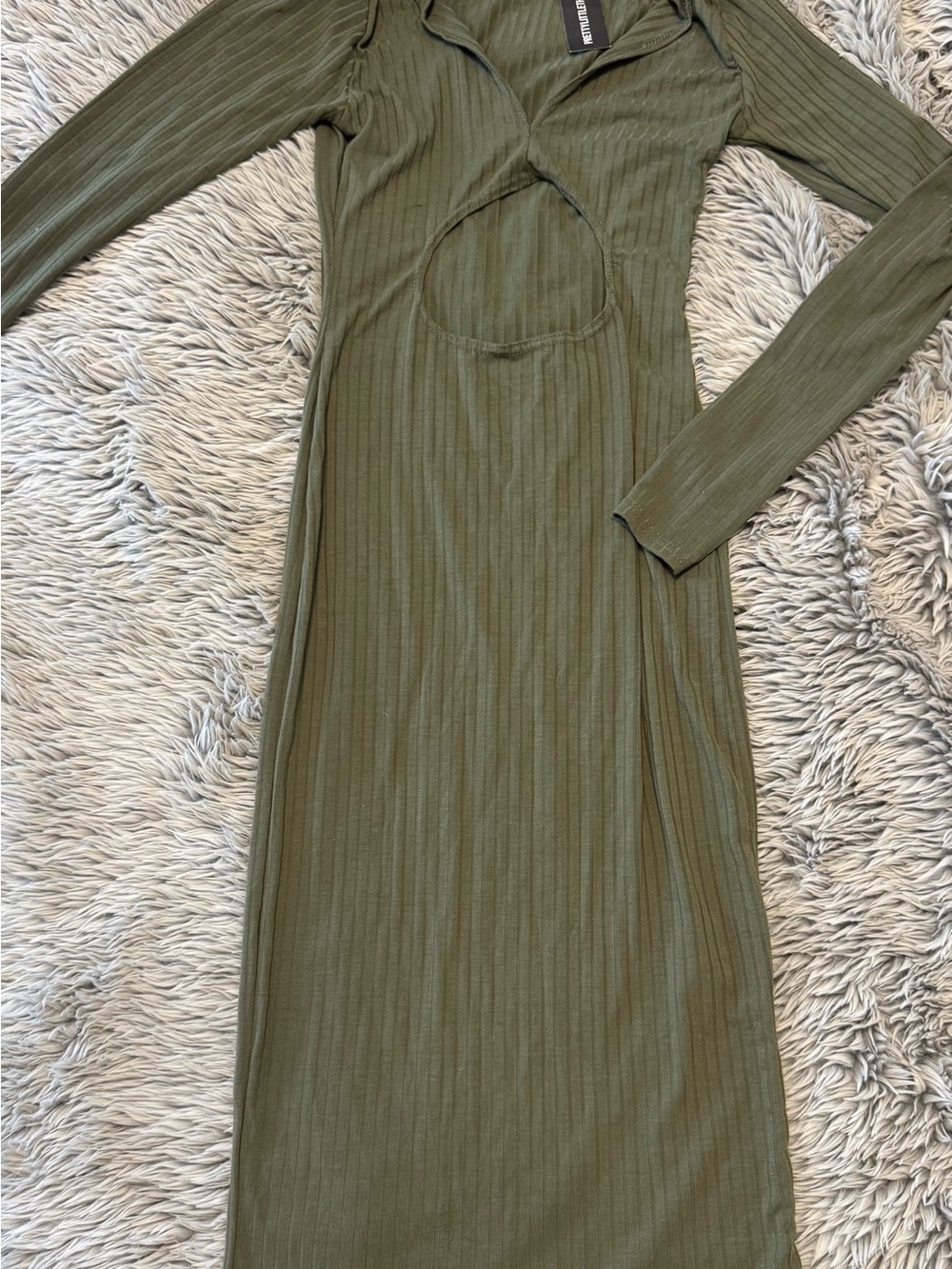 PrettyLittleThing Olive Green Ribbed Long Sleeve Maxi Dress with Front Cutout